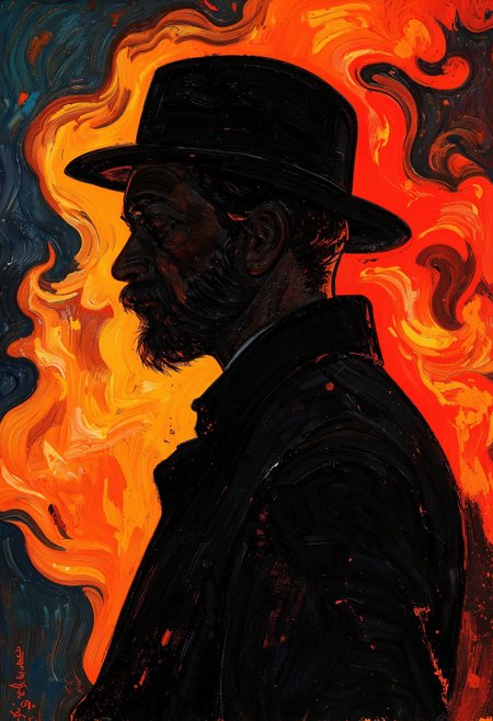 This is a cover for a book with the title text: "Helmer Osslund", written with a bold serif typeface. The cover features a stunning post-impressionist painting by the fantastic artist Helmer Osslund. Silhouette style, portrait, (glowing fire:1.4), Cagole aesthetic, vivid colors, stunning detailed background. bright sunlight, a mesmerizing blend of light and shadow. masterpiece, absurdres, intricate details , High contrast, minimalistic, black and white, stark, dramatic. <lora:Helmer_Osslund:1>