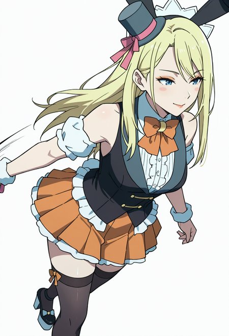 Smooth Quality,masterpiece,very intricate, high quality details, ultra realistic, high detailed skin,detailed enviorement,absurdres,
 <lora:Moonbeams_Manager_CNR:0.7> moonbear_cnr, 1girl,blonde hair, long hair, blue eyes,rabbit ears, fake animal ears, bare shoulders, makeup, lipstick, mini top hat, black vest, shirt,puffy short sleeves, detached sleeves, wrist cuffs,orange pleated skirt, black thighhighs, frills,bowtie, platform footwear,, simple background, white background, dynamic angle,solo,
walking, arms swinging, relaxed shoulders, looking forward, natural movement,  ,, blush stickers,, ^q^,