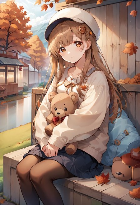 score_9, score_8_up, score_7_up, source_anime,mahiru shiina, brown eyes, long hair, brown hair, 1girl, stuffed toy, stuffed animal, solo, hat, sitting, hair ornament, skirt, autumn leaves, teddy bear, looking at viewer, outdoors, sleeves past wrists, pantyhose