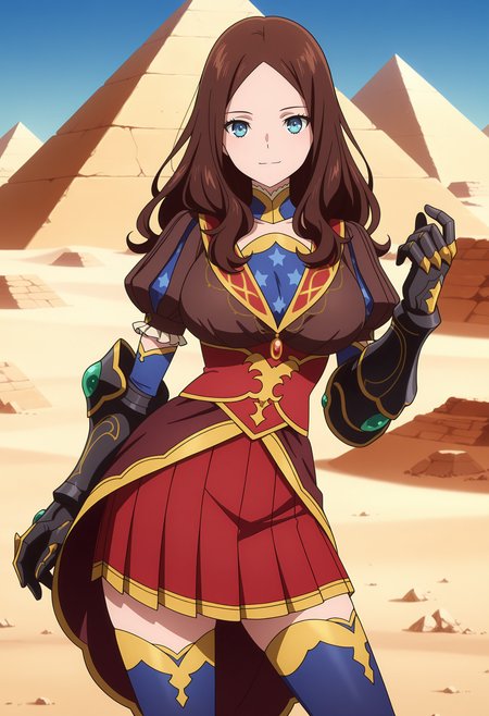 anime screencap, masterpiece, best quality,
<lora:FateGrandOrder_DivineRealm_LeonardoDaVinci_IlluXL:0.9>,
1girl, solo, closed mouth, light smile,
long hair, parted bangs, forehead, brown hair, blue eyes,
detached collar, multicolored dress, puff and slash sleeves, elbow gloves, gauntlets, pleated skirt, red skirt, blue thighhighs,
contrapposto, looking at viewer, cowboy shot,
outdoors, pyramid, desert, outdoors, blue sky, sun