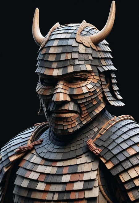 detailed, realistic, 8k uhd, high quality, masterpiece, mad-shingles, samurai, samurai armor made of shingles, samurai_mask, black background