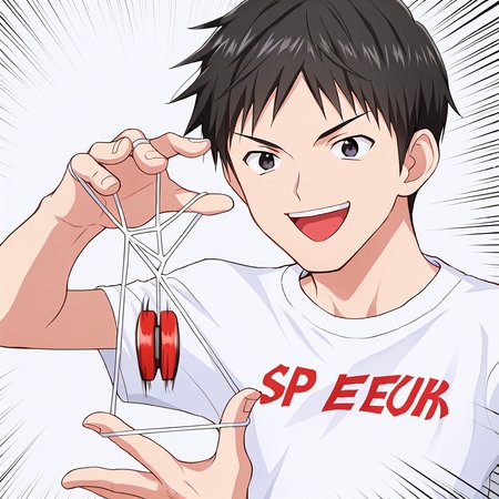 <lora:SPSB_pony_v01:1> spsb, hand up, upper body, white background, speed lines, 
1boy, smile, open mouth, t-shirt, short hair, black hair