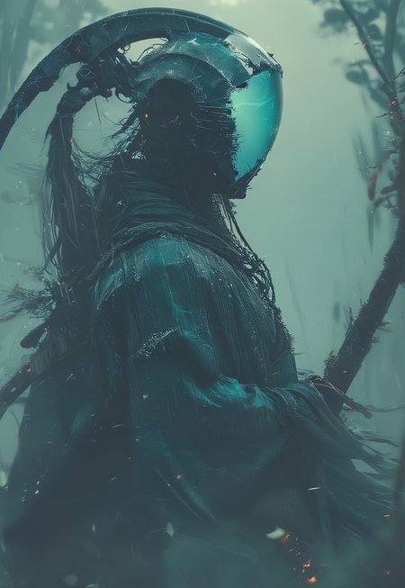 a mystical, and high-resolution image of an anthropomorphic Elysium knightess with translucent turquoise Blue helmet visor, The character should be depicted in a manga cover style with wealthy portraiture and poster art elements. Volumetric lighting, The image should feature rich colors and high contrast, focusing on the best quality, official art, and a beautiful and aesthetic appearance. wearing Sci-fi clothes and armor, holding a sheathed light scythe. The character should have tattoos, muscular abs, shoulder armor, mystic Ethereal moon forest lake in the background. Emphasize a samurai theme with a detailed background and floral elements.