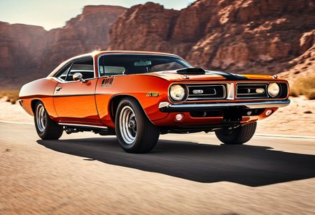 Creates an ultra-realistic, highly detailed image of a 1970 Plymouth AAR 'cuda car. (Interstate 76 Picard Piranha) orange with black stripes on the hood. The car has large caliber machine guns on the roof. Image captured on a desert road, natural light. Image layered in motion with motion blur.