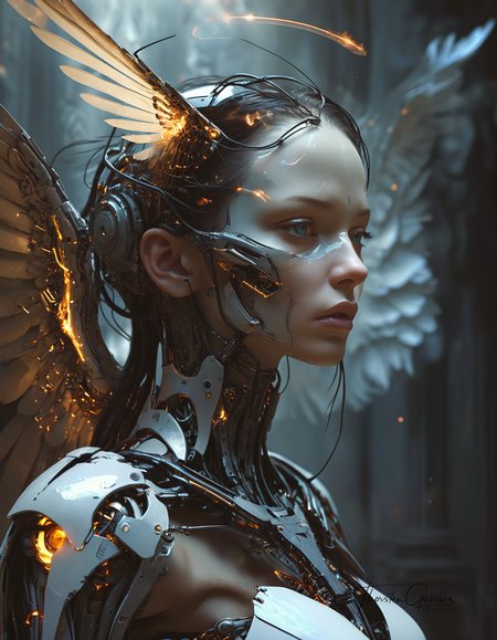 biomechanical cyberpunk A photorealistic portrait of a merciless archangel, their face a vision of divine beauty and unwavering resolve. Their eyes, windows to a soul hardened by countless battles, burn with an intensity that pierces through the veil of reality. Their expression is a symphony of conflicting emotions: righteous fury, unwavering determination, and a hint of sorrow for the fallen. Their wings, a majestic expanse of shimmering feathers, are spread wide, casting a shadow of divine judgment upon the world. The background is a maelstrom of celestial energy, swirling with nebulae, stars, and distant galaxies, creating a sense of infinite power and cosmic scale. The lighting is dramatic, highlighting the archangel's sculpted features and the intricate details of their flowing hair and wings. The overall effect is one of awe and reverence,  <lora:MJ52.safetensors:0.60>   . cybernetics, human-machine fusion, dystopian, organic meets artificial, dark, intricate, highly detailed