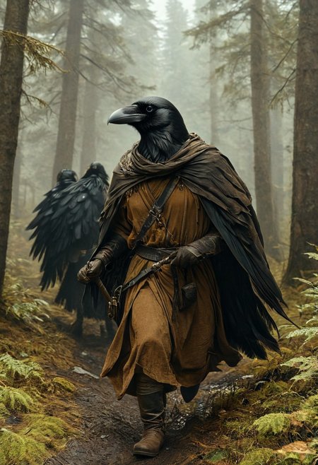 (masterpiece,best quality,ultra_detailed,highres,absurdres:1.2), DnD_Grainyboyz, 
BREAK
highly detailed photo of black corvidfolk running through forest, wearing brown robe, moody forest,
<lora:neg4all_bdsqlsz_xl_V9:2><lora:dynposes3870:0.8>