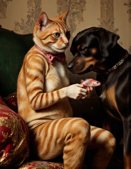 <lora:funnys:1>, This image is a hyper-realistic photograph capturing an enchanting and whimsical scene. It features two anthropomorphic animals seated on a vintage-style green armchair, rendered with meticulous attention to detail and lifelike textures. On the left sits a striped ginger cat with soft, velvety fur, its sleek coat showcasing intricate tabby patterns that ripple subtly under the light. Its large, round eyes reflect delicate highlights, making them appear almost alive, imbuing the cat with a sense of quiet intelligence. The cat wears a perfectly knotted pink bow tie, contrasting elegantly against its warm, earthy tones. Its expression is calm yet slightly aloof, as if lost in thought, while its lithe yet slightly chubby bodyâwith fine folds of skin visible around its neckârests comfortably with paws crossed in its lap., 
To the right, a black and brown dog with glossy, intricately detailed fur gazes intently at a small, shimmering pink fish held delicately in its paws. The dog's expressive eyes are filled with concern and curiosity, each strand of fur meticulously defined, creating a sense of tactile realism. The fish gleams under soft lighting, its scales catching the light with a pearlescent sheen, adding a touch of magic to the composition., 
The background showcases an old floral-patterned wallpaper, its intricate design rendered with stunning clarity. Subtle shades of beige and light brown blend seamlessly, while the delicate floral motifs feature muted colors that evoke nostalgia. The dark green armchair, upholstered in a fabric with a slightly worn texture, anchors the scene with its rich, tactile surface. A red and gold patterned cushion on the left side adds a pop of color and depth, its embroidered details crisp and vivid., 
The interplay of light and shadow enhances the three-dimensional quality of the photograph, lending it an immersive atmosphere. Every elementâfrom the lifelike textures of the animals' fur to the aged patina of the armchairâcreates a seamless blend of classic charm and modern precision. The result is a humorous yet heartwarming moment frozen in time, inviting viewers into a world where reality meets imagination. The ginger cat's striking striped pattern adds a playful and dynamic contrast to the serene setting, further enhancing the visual narrative.