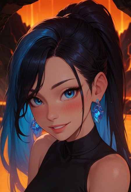 score_9, score_8_up, score_7_up, score_6_up, 
1girl, 25 years old, perfect face, (adult), sexy, looking at viewer, 
blue eyes, 
very long hair, black hair, colored inner hair, blue hair, high ponytail, 
small blue earings, crystal earrings,
black sleeveless shirt, blue scarf,
blurry background, depth of field, volcano, lava, eruption, orange background,
blush, shy smile, 
portrait, face focus, detailed face,