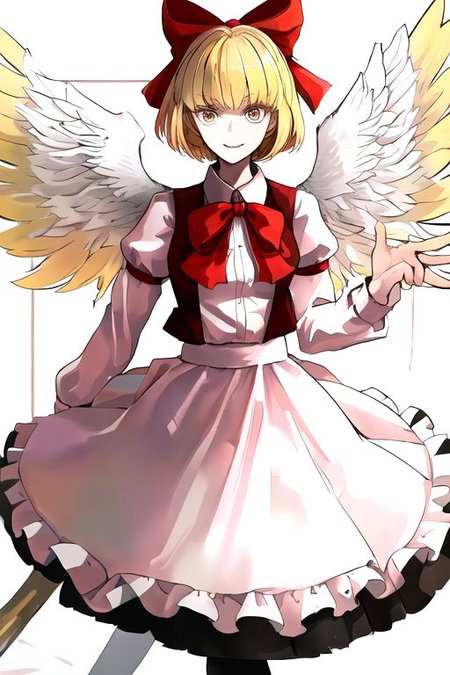 solo_focus, 1girl, ((white background, simple background)):2, (((masterpiece))), ((best quality)), ((ultra-detailed)), high resolution, absurdres, highres, ultra-detailed 8k unity wallpaper, 
solo, 1girl, gengetsu, 
arcueid_\(tsukihime\), 
solo, 1girl, smile, short_hair, shirt, breasts, blonde_hair, bow, long_sleeves, skirt, ribbon, dress, yellow_eyes, hair_bow, thighs, collared_shirt, red_bow, wings, vest, bowtie, black_pantyhose, red_vest, pink_shirt, red_bowtie, feathered_wings, pink_dress, open_vest, white_shirt_white_skirt, white_shoes, blonde_short_hair, red_head_bow_ribbon, one_piece_head_bow_ribbon, bow_ribbon, white_angel_wings, white_drees, brown_vest, wear_outside, twin_wings,