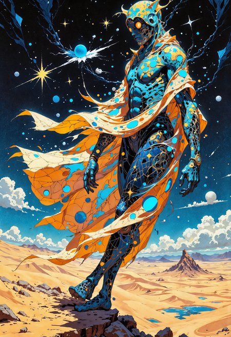 (in Otomo Katsuhiro style:1.2), masterpiece, high-quality, A modern oracle draped in translucent silks layered with intricate patterns of stars and geometric designs creating a kaleidoscopic effect, She floats above an endless desert under a fractured sky where starlight spills through cracks in the cosmos casting surreal reflections on the sands below, cosmic silks, desert mirage, starlit geometry, (Stylized abstract surrealism with geometric textures and a mosaic-like blending of colors:1.1), (elaborate fine details:1.1), (hyperdetailed:1.1), (intricate details:1.0), (Refined details:1.1), (best quality:1.1), (high resolution:1.2), <lora:FLUX\Anime v1.3:0.6> <lora:FLUX\VividlyReal:0.6> <lora:FLUX\FLUX-daubrez-DB4RZ:0.4>