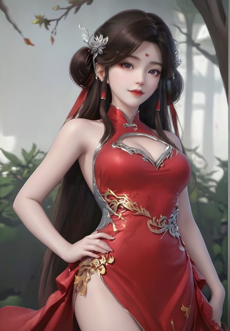 looking_at_viewer,cowboy_shot,(hand_on_hip:1.4),1girl,solo,dress,(face light:1.5),hair ornament,portiart,from front,masterpiece,(best quality),official art,extremely detailed cg 8k wallpaper,((crystalstexture skin)),(extremely delicate and beautiful),solo,photo_\(medium\),hiqcgbody,chinese background,(smile:0.4),red cheongsam,eye-contact,jewelry,long hair,<lora:huolinger_V2-000008:1>,