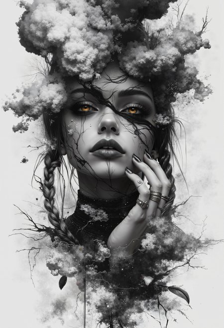 foggy, surreal dream, double exposure, living in a thunder cloud, abstract, fantasy, bo-abyss, bo-abstract, aidmaMJ6.1, a highly detailed, black-and-white digital illustration depicting a young woman with a delicate, ethereal appearance, she has fair skin and a serene expression, with her eyes closed and her lips slightly parted, her hair is styled in intricate, voluminous braids that cascade down her back, adorned with delicate, leaf-like decorations, her left ear is pierced with a small, intricate design, and she wears multiple rings on her fingers, adding to her edgy, rebellious look, her makeup is bold and dramatic, featuring heavy eyeliner and mascara, enhancing her dramatic eye color, the background is a plain, light gray, ensuring that the focus remains on the subject, the texture of her hair and makeup is smooth and detailed, with subtle shading that enhances the realism of the artwork, the overall style is reminiscent of gothic or fantasy art, with a strong emphasis on fine details and subtle shading<lora:Flux\boFLUX AbstractMorph.safetensors:0.6:0.6> <lora:Flux\boFLUX digital-abyss.safetensors:0.8:0.8> <lora:aidmaMJ6.1-FLUX-v0.4.safetensors:0.9:0.9> <lora:Flux\FluxDFaeTasticDetails.safetensors:0.5:0.5>