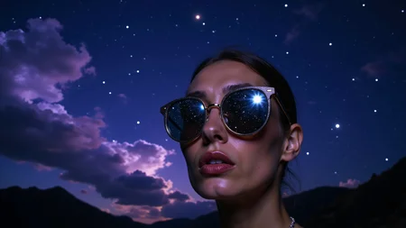A striking close-up shot captures the reflection in a womanâs sunglasses, revealing a breathtaking night sky filled with an array of bright stars and shimmering constellations. The deep indigo backdrop of the cosmos is dotted with sparkling whites and hints of cosmic gold, creating an enchanting panorama that draws the eye in. Wispy clouds of violet and midnight blue weave throughout the scene, enhancing the ethereal quality of the sky. The sunglasses flawlessly reflect this celestial spectacle while their sleek frames accentuate the luminous display. The woman's gaze peers contemplatively into the night, her features softened by the soft glow of starlight, while a gentle breeze hints at the tranquility surrounding her. The blurred outlines of the landscape frame the scene, ensuring that the mesmerizing cosmic view remains the focal point, invoking a sense of wonder and the infinite beauty of the universe.
<lora:C183kw8rx_v3_c5f1f0ef:1.4> <lora:retro-futurist-cosmic-surrealism-flux:1.1>
