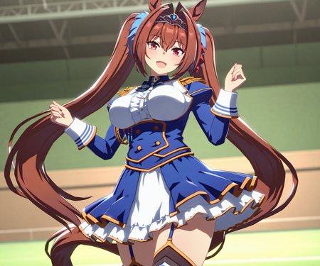 masterpiece, best quality, amazing quality, , 1girl, solo, looking at viewer, cowboy shot, smile, open mouth,    <lora:Daiwa Scarlet in game style 3D:1> ummsmingame, 3d, daiwa scarlet \(umamusume\),