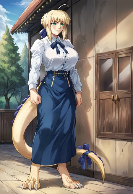anatomicaly correct body, Score_9, score_8_up, score_7_up, score_6_up, score_5_up, score_4_up,  source_anime, 1girl, solo, standing, tall female, mature female, BREAK, <lora:saber_classic-12:0.8>, artoria_pendragon, 1girl, solo, blonde hair, ribbon, hair ribbon, braid, ahoge, anime coloring, artoria pendragon (fate), saber, shirt, skirt, masterpiece, best quality, very aesthetic, huge breasts, digitigrade, long pointy ears, thick tail, long tail, dragon tail, 3 digits in feet, clawed feet, vicious claws, muscular female, smile, BREAK,