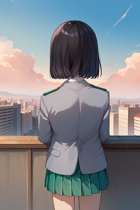 score_9, score_8_up, score_7_up, score_6_up, source_anime BREAK 1girl, solo  <lora:kodaiyui-pdxl-nvwls-v1-000005:1> kodaiyui, black hair, grey blazer, grey jacket, collared shirt, red necktie, pleated skirt, green skirt, rooftop, from behind, cityscape, wide shot, blue sky, clouds