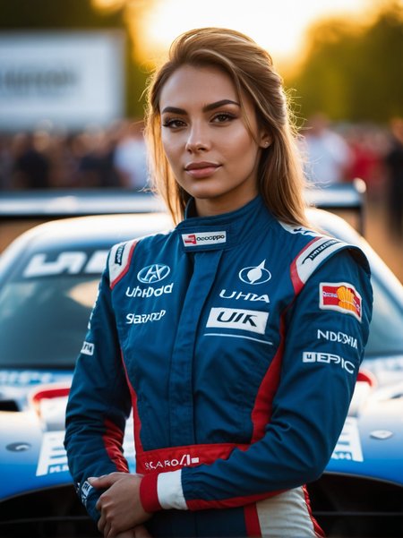 A dynamic cinematic photograph of Jenna_Sims_P_MXAI_SDXL:1.2  , wearing a full race-car driver suit, standing next to a race-car, winking expression,, SK_CINEMATIC, ziprealism