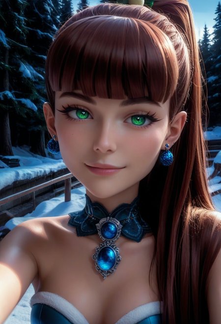 Score_9, score_7_up, score_8_up, anime, rating_explicit, extremely detailed, best quality.
(1femboy, Monster Girl with very long brown hair in a ponytail with bangs, beautiful face, detailed face, detailed eyes, green eyes, perfect eyes, pierced ears, lush eyelashes, bimbo lips, slender, small round perfect perky breasts, thigh gap, slender legs, slender arms, perfectly glossy skin, perfect body proportion), light blue fur corset with fur lining, bare midriff, blue lace thong and garters. selfie angle with full body shot.
parted lips, sensual look, sexy pose, natural lighting, looking cute, smug look, smirk, one eyebrow raised, seductive look, blushing.
at the north pole, forest winter wonderland, on top of a snowy mountain cliff.
Christmas scheme. snow in background. northern lights at night.