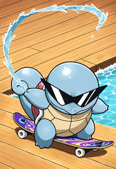 masterpiece, best quality, no humans, solo,    SquirtleSwag, sunglasses,    riding a skateboard across a wet boardwalk, trailing water in its wake, shades perfectly in place despite the speed.   ,<lora:SquirtleSunglasses_IXL:1.0>,
