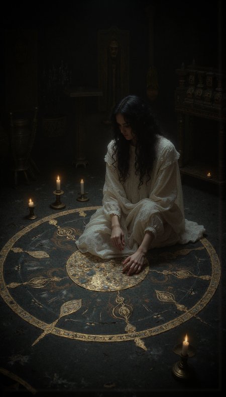GLOW,intricate tetradic colors in every details,FLUORESCENT,asian woman, A young woman in a white dress, illuminated by a tenebrous, ethereal light emanating from above, kneels within an intricate chalk circle inscribed with esoterically charged sigils on a dark, aged wooden floor. Six flickering candles, strategically positioned at cardinal points around the circumference, cast dancing shadows that imbue the scene with an air of arcane ritual. The woman, her face partially obscured by a curtain of long, dark hair, gazes downwards, her delicate fingers poised above the cryptic symbols as if about to trace their potent forms. Her pose suggests both concentration and a vulnerability to the forces she seeks to invoke. A high-angle shot emphasizes the ritualistic geometry of the scene, while the dark, muted color palette enhances the aura of occult mystery. The background, shrouded in deep shadows, hints at the confines of a forgotten chamber, its walls bearing the patina of time and possibly, whispers of past incantations.