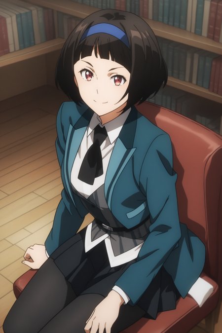 score_9, score_8_up, score_7_up, score_6_up, score_5_up, source_anime, rating_safe, medium breasts, indoors, library, 1girl, solo, looking at viewer, <lora:age_slider_v4:2>, (dynamic pose:1.2), kazuki ferrari, short hair, black hair, bob cut, blue hairband, school uniform, green jacket, white shirt, collared shirt, black neckerchief, grey vest, striped vest, belt, black skirt, pleated skirt, black pantyhose, boots, <lora:Kazuki_Ferrari:0.9>, smile, sitting on chair