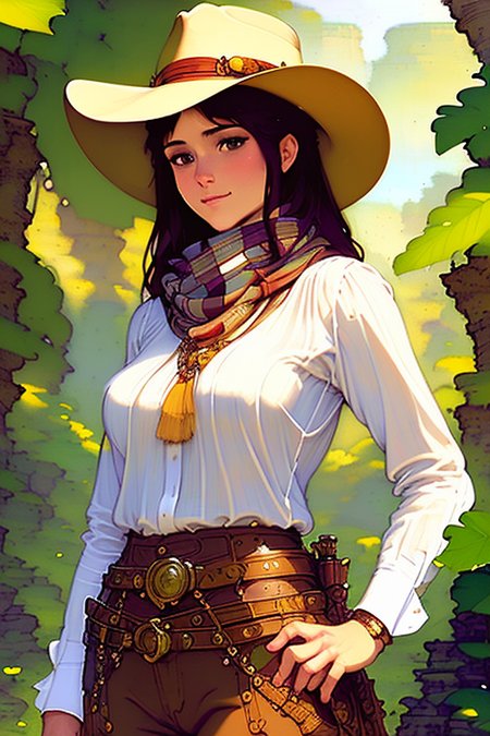 close up of a beautiful ((adventurer)) (((archeologist))) wearing jeans and a  checked buttoned shirt with a scarf and a stetson hat in a (( oasis )), sensual, evocative pose, intricate, highly detailed, art by onche_ondulay