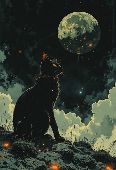 a kitty sitting on the surface of the moon. Looking up at a small earth in the distance.
