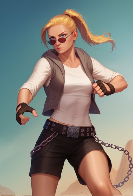 score_9, score_8_up, score_7_up, score_6_up, 1girl, solo, fighting stance, (fists:1.2), dynamic angle, half body, slim, athlethic,
detailed background,
<lora:Krys_Decker_-_Artist_style_Newer__characters:0.9> ss-krd_new,  <lora:Sketch_Turner:0.7> blonde hair, ponytail, white t-shirt, gray vest, black shorts, sunglasses, hood, white laces, belt, red x, shaved temples, shorts chain, blue eyes, fingerless gloves,