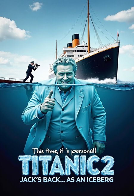 The poster shows a giant iceberg in the shape of Jack from Titanic, complete with his iconic hairstyle and outfit. He’s floating in the icy ocean, looking very confused and trying to give a thumbs-up with his frozen “ice hand.” In the background, the grand Titanic is sailing straight toward him again, but this time, Jack's ice face looks determined to "save" the ship from hitting him. 
Meanwhile, a bewildered crew member is leaning out over the ship’s railing, holding binoculars with wide eyes. The tagline at the top reads, "This time, it’s personal!" and at the bottom, the title appears in dramatic, icy letters: "Titanic 2: Jack's Back... as an Iceberg!"