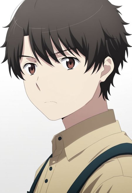 high resolution, solo, best quality, 1Boy, Inaho Kaizuka, Black Hair, Brown Eyes, potrait, dark shirt, looking at viewer, focused gaze forward, simple background, straight body, upper body, head upright, anger, OverallDetail