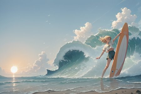 score_9, score_8_up, score_7_up, score_6_up, score_5_up, score_4_up, 1girl, An Australian girl with sandy blonde hair is standing on a surfboard surfing on a giant enormous wave out in the ocean under the sun in the morning, <lora:wodeipoi:0.671><lora:Kenva:0.671><lora:kyuyong:0.671>score_9, score_8_up, score_7_up, score_6_up, score_5_up, score_4_up, knva, halftone effect, wodeipoi, kyuyongeom, source_anime, anime style, rating_safe, source_anime, anime style,