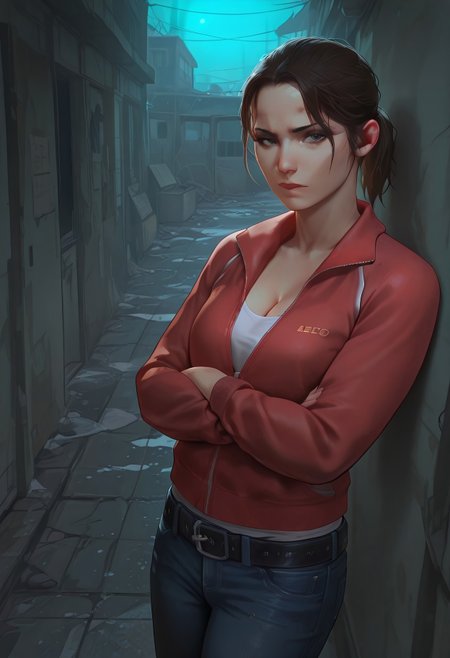 safe_pos, masterpiece, best quality,  BREAK, dynamic angle, 1girl, solo, zoeyl4d, brown hair, ponytail, red jacket, white shirt, cleavage, blue jeans, belt, arms crossed, looking at viewer, abandoned apartment, apocalypse, detailed scenery, night time, moonlight