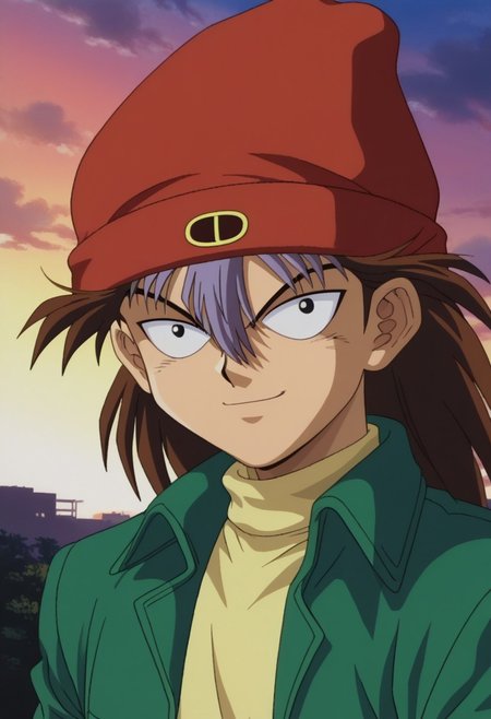 score_9, score_7_up, source_anime, retro artsyle, 1990s (style),
ryuzaki, 1boy, male focus, solo, black eyes, brown hair, long hair, multicolored hair, two-tone hair, brown hair, purple hair, hair between eyes, hat, beanie, red headwear, shirt, yellow shirt, turtleneck, jacket, green jacket, long sleeves, open jacket, open clothes, smile
outdoor, sky,