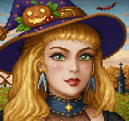 retro game art Original HoMM2 style portrait of a witch with fair skin and long, wavy golden blonde hair with a fringe. She is wearing a large, purple witch hat with bronze tip, adorned with a pumpkin, leaves, berries, and bronze hat ribbon with belt buckle. The hat made of fabric with stars pattern. Her facial features include vibrant green eyes, red lips, blushing cheeks and a subtle smile. She is also wearing blue, dangling earrings in the shape of a letter "A" and a dark, intricate sheer dress with a golden star on a laced collar. The background includes a red bat flying in a dark blue and pale pink sky with clouds at dusk and hints of at a whimsical, festive, Halloween-themed setting with decorations and structures of a church and a windmill visible in the distance against the autumn forest . 16-bit, vibrant colors, pixelated, nostalgic, charming, fun, Original HoMM2 style portrait of a witch with fair skin and long, wavy golden blonde hair with a fringe. She is wearing a large, purple witch hat with bronze tip, adorned with a pumpkin, leaves, berries, and bronze hat ribbon with belt buckle. The hat made of fabric with stars pattern. Her facial features include vibrant green eyes, red lips, blushing cheeks and a subtle smile. She is also wearing blue, dangling earrings in the shape of a letter "A" and a dark, intricate sheer dress with a golden star on a laced collar. The background includes a red bat flying in a dark blue and pale pink sky with clouds at dusk and hints of at a whimsical, festive, Halloween-themed setting with decorations and structures of a church and a windmill visible in the distance against the autumn forest, magic, detailed, cozy, highly colorful, vivid color, open atmosphere, incredible quality, very inspirational, inspiring, thought, cinematic, artistic, innocent, beautiful, epic composition, dramatic, elegant, rich deep colors, amazing dynamic, stunning, aesthetic, creative, positive, unique