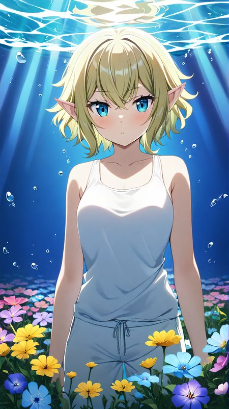 <lora:Ryu_Lion:1> <lora:Anime Enhancer XL V2:1>
1girl, RyuLion, RyuLion has dark blue eyes, RyuLion has blonde hair, RyuLion is an elf, 
RyuLion wearing a white tank top, RyuLion wearing white sweatpants, 
RyuLion laying in a beautiful field of flowers, Sunshine, daylight, 
flower, blue lighting,underwater, water <lora:flowersea:1>