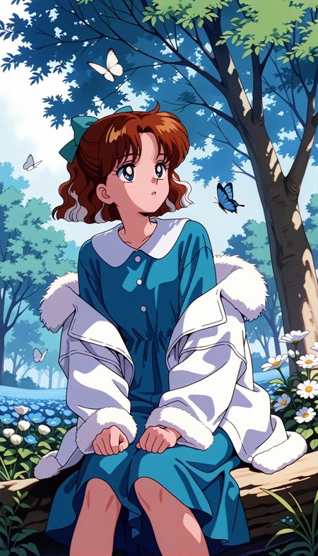 masterpiece,best quality,amazing quality,1990s \(style\),OsakaNaru ill,1girl,solo,blue eyes,short hair,brown hair,hair bow,butterfly,bug,flower,blue butterfly,sitting,white flower,white hair,long sleeves,hair ornament,dress,jacket,white jacket,tree,blue flower,feet out of frame,white butterfly,bow,off shoulder,open mouth,parted lips,fur trim,<lora:OsakaNaru ill:0.8>,