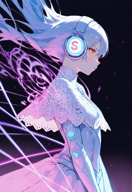  usnr, fantasy , masterpiece, masterworks, best quality, amazing quality, very aesthetic, absurdres,1girl, Anime, headphones,black background,neon glowing outline,vibrant neon colors lines, dynamic side view, looking at you, upperbody , lace capelet
BREAK 
masterpiece, best quality, good quality, very awa, very aesthetic, absurdres,