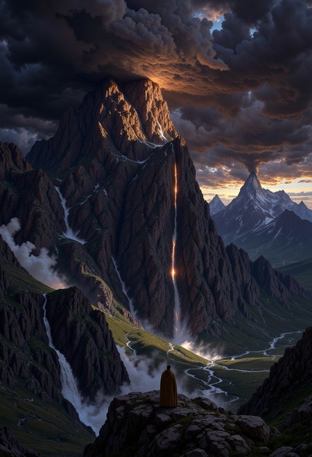 dark storm clouds on a peak, huge mountain massif under dark storm clouds, the low sun breaks through the dark clouds and illuminates part of the mountainside, the rocks glow in all colors, strong light contrasts, dramatic cloudy sky, epic scene, dreamlike landscape, in the foreground a lonely man stands and looks at the scenery, 8K, ultra detailed, extreme dynamic range, photorealistic with deeply saturated color transitions. High detail, painterly textures, 8K resolution, atmospheric depth, concept art, mysterious and adventurous tone. DB4RZ, DB4RZ style painting, Anime art