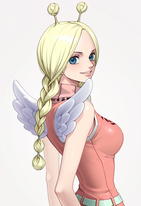 1girl, conis, pink turtleneck dress, green belt, wings, blonde hair, antenna hair, twin braids, braided twintails, blue eyes, looking at viewer, smile, cute, from behind, <lora:Conis_ill_v6:1>, very awa, masterpiece, best quality, newest, highres, absurdres,