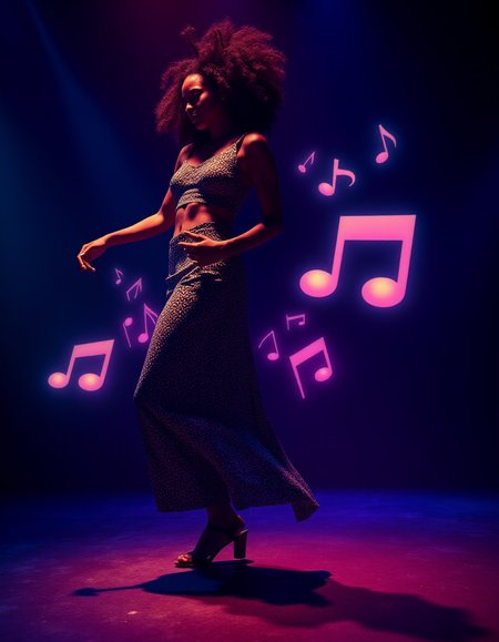 A photograph of a lively 26-year-old Afro-Caribbean woman dancing in Jamaica at night, but she's surrounded by an aura of swirling, neon-colored musical notes., <lora:amateurphoto-v5-14-15-1-1:0.4> <lora:Another_Amateur_Lora:0.4> <lora:Phlux:0.4> <lora:UltraRealistic_Lora_Project:0.4>