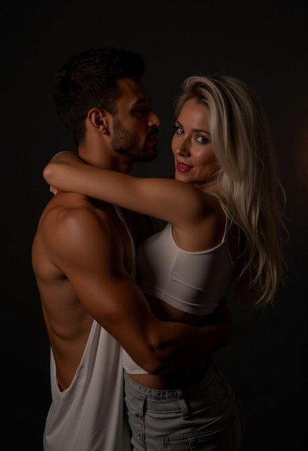 1 uomo,1 donna,sublime fashion italian man model ,with short black hair and with short beard, Blue eyes,camicia nera , night ,scene, hyper realistic,symbolism, and sublime fashion (caucasian woman) model with long white hair and full lips and blue eyes indossa una camicia a rete bianca,romantic ,deep kiss ,hug,perfection style,denti,labbra socchiuse,guardando il visualizzatore,8k,capolavoro,messa a fuoco nitida,grafica RAW a colori ad alto dettaglio