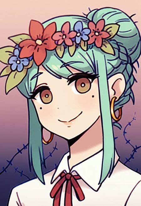 score_9, score_8_up, score_7_up, score_6_up, score_5_up, score_4_up, 
BREAK
1girl, solo, portrait, braid, bangs, smile, lips, horns, earrings, jewelry, green hair, long hair, brown eyes, hair bun, single hair bun, twin braids, hair flower, hair ornament, closed mouth, gradient background, flower, gradient, looking at viewer, head wreath, red flower, red ribbon, ribbon, neck ribbon, mole, shirt, collared shirt, white shirt, hoop earrings, mole under eye, thorns