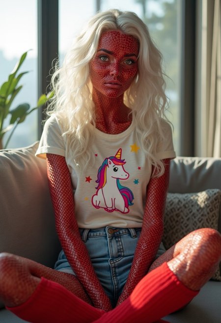 A hyper-realistic professional photo of a young woman with deep red skin and a reptilian-like texture. Her skin has subtle scales that catch the light, adding an otherworldly dimension to her appearance. She sits comfortably on a modern couch in a minimalistic living room. Her hair is almost white, with a platinum-blonde hue, cascading in voluminous curls around her face. She is dressed in a light-colored t-shirt with a playful unicorn print, paired with denim shorts and vibrant red knee-high socks. The room is softly lit with natural light coming from large windows, casting a warm and inviting glow that contrasts with her striking, exotic features. The environment blends the fantastical with the familiar, creating an intriguing mix of comfort and surrealism