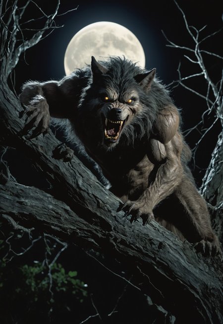 high quality, 8k, detailed, A cinematic 1980s film still of a menacing werewolf perched on a gnarled tree limb under the bright light of a full moon. The creature is crouched low, muscles tense and ready to pounce, its dark fur blending into the shadows of the night. Its glowing green eyes pierce the darkness, radiating an otherworldly light that highlights the sharp features of its face and the glistening fangs. The moon casts a silvery glow over the scene, illuminating the intricate details of the bark and leaves around it while leaving the ground shrouded in darkness. The atmosphere is charged with suspense, as the werewolf prepares to leap, embodying the raw, primal energy of the hunt.