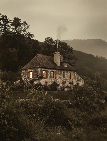 An old haunting colorized photograph of l'ancien cottage on a hill in the pyrenees foothills, as seen from a safe distance from the woods.  The historical documentary photograph was expertly composed.  The house windows are warmly lit and a faint smoke is seen rising from the chimney.  It seems isolated and hard to access, centered and far away.  A pastoral scene in the foreground is broken up through the ascending landscape by trees.  A siren shepherdess woman is seen in the distance from behind, her hair and petticoat blow in the wind showing more leg than was appropriate at the time.  There is a dangerous and wild vibe to the picture.  Shadows are long and eerie at twilight, but the long exposure enhances the incredible beauty of the scene. -ad, -modern