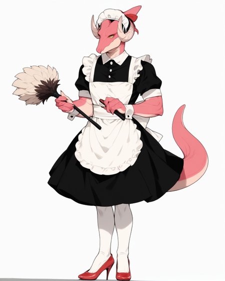 score_9, score_8_up, score_7_up, score_6_up, score_5_up, score_4_up,
(Masterpiece), (Best Quality), (Hi Res),
source_furry,
<1boy:1.5>,
<solo:1.5>,
<pink skin:1.5>,
<pink body:1.5>,
vincent_falnail, falchan, greyscale, 1boy, male focus, solo, yellow eyes, horns, furry male, furry, simple background, white background,
lipstick,makeup,ribbon,nostrils,dragon,
legs,sexy legs,muscular legs,heels,red heels,
<full body:1.5>,
<body focus:1.5>,
<simple background:1.5>,
<white  background:1.5>,
<lora:Vincent_Falnail:1> vincent_falnail,
 <lora:90s4n1m3XLP:1> 90s4n1m3, maid,
maid outfit,
skirt,
stockings,
white stockings,
featherduster,
cleaning,
bonnet,
headwear,
kitchen,
