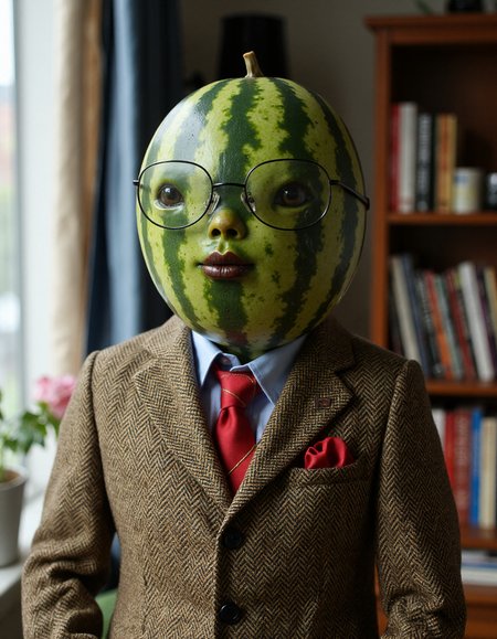 A photo of a watermelon wearing a tweed jacket and glasses., <lora:iphone-dev-7:0.8> <lora:amateurphoto-6version:0.8>  <lora:Another_Amateur_Lora:0.4>  <lora:Phlux:0.4> <lora:UltraRealPhoto:0.4>