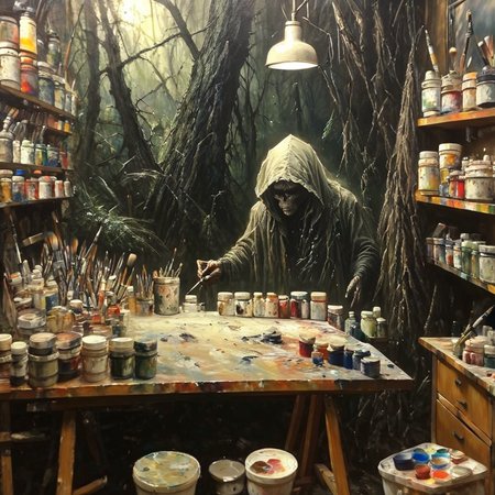 oneironartifex onefex a painting in a painting studio, old artist man and alien, very detailed<lora:oneironartifex:1.2>