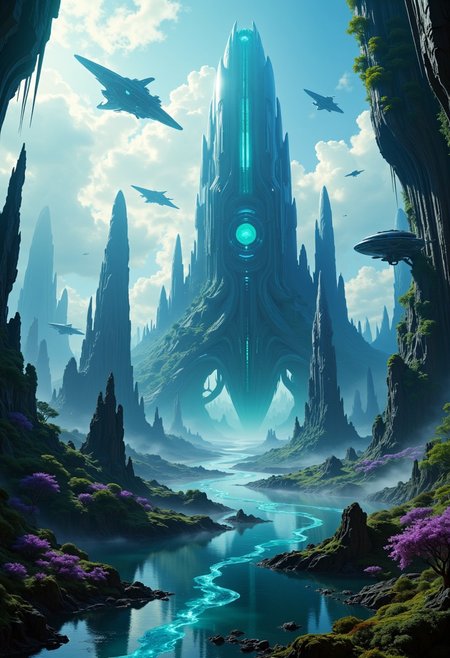 hyper realistic and highly detailed, highly dynamic cinematic panorama view, an otherworldly landscape of an extremely advanced futuristic alien civilization, epic scale, colossal magnitude, sky high otherworldly buildings and futuristic  spacecrafts flying around, beautiful, excellent composition, finest details, highest aesthetics, strong muted Birch and King Blue hue, mystical glowing,  atmospheric haze, panoramic zoomed out view, highly dramatic lighting
 <lora:artilands:0.8>