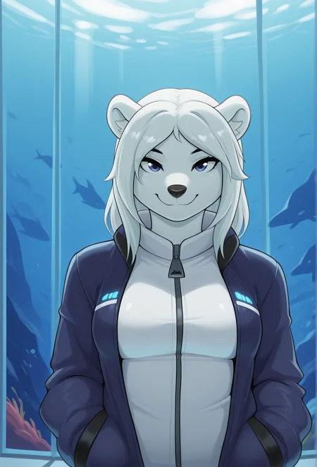 (masterpiece, best quality, very aesthetic, absurdres:1.2), 1girl, furry, science fiction, aquarium, polar bear, straight-on, jacket, looking at viewer, smile, <lora:shadowill_style_illustrious_v1.4:1> shadowillstyle
